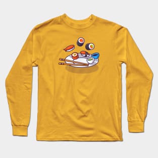 Sushi With Chopstick And Shoyu on Plate Cartoon Long Sleeve T-Shirt